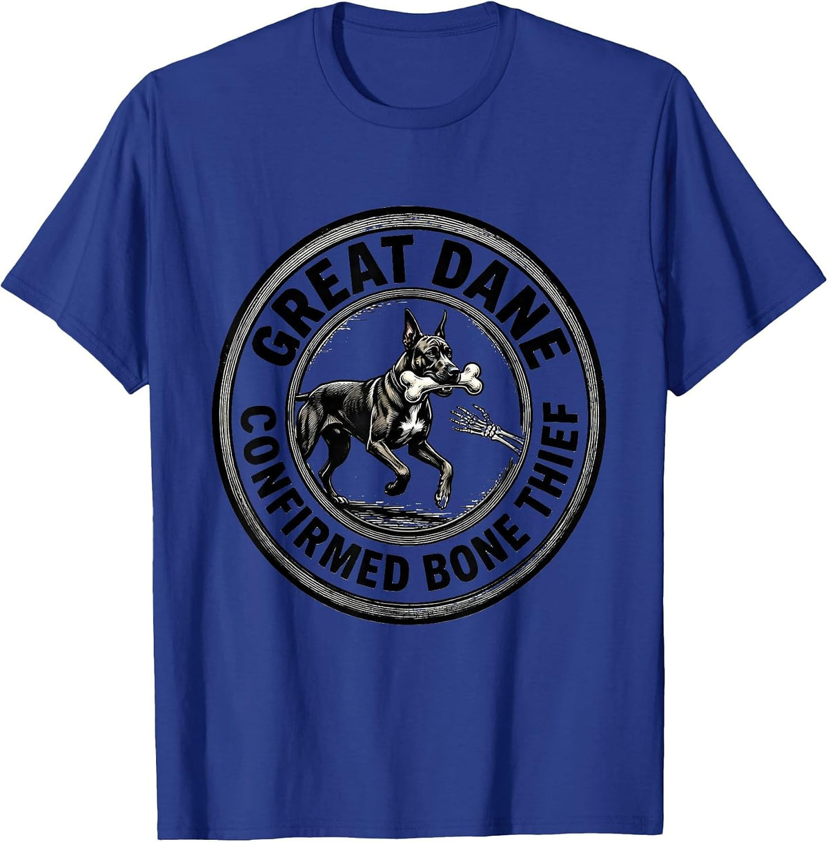 GREAT DANE: CONFIRMED BONE THIEF Funny Skeleton Chasing Dog T-Shirt - Royal Blue