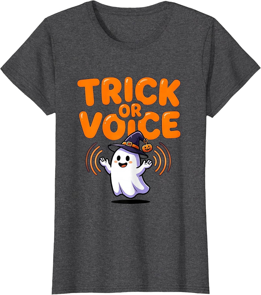 Women's Trick Or Voice Cartoon Ghost Halloween Speech Therapy SLP T-Shirt - Dark Heather Grey