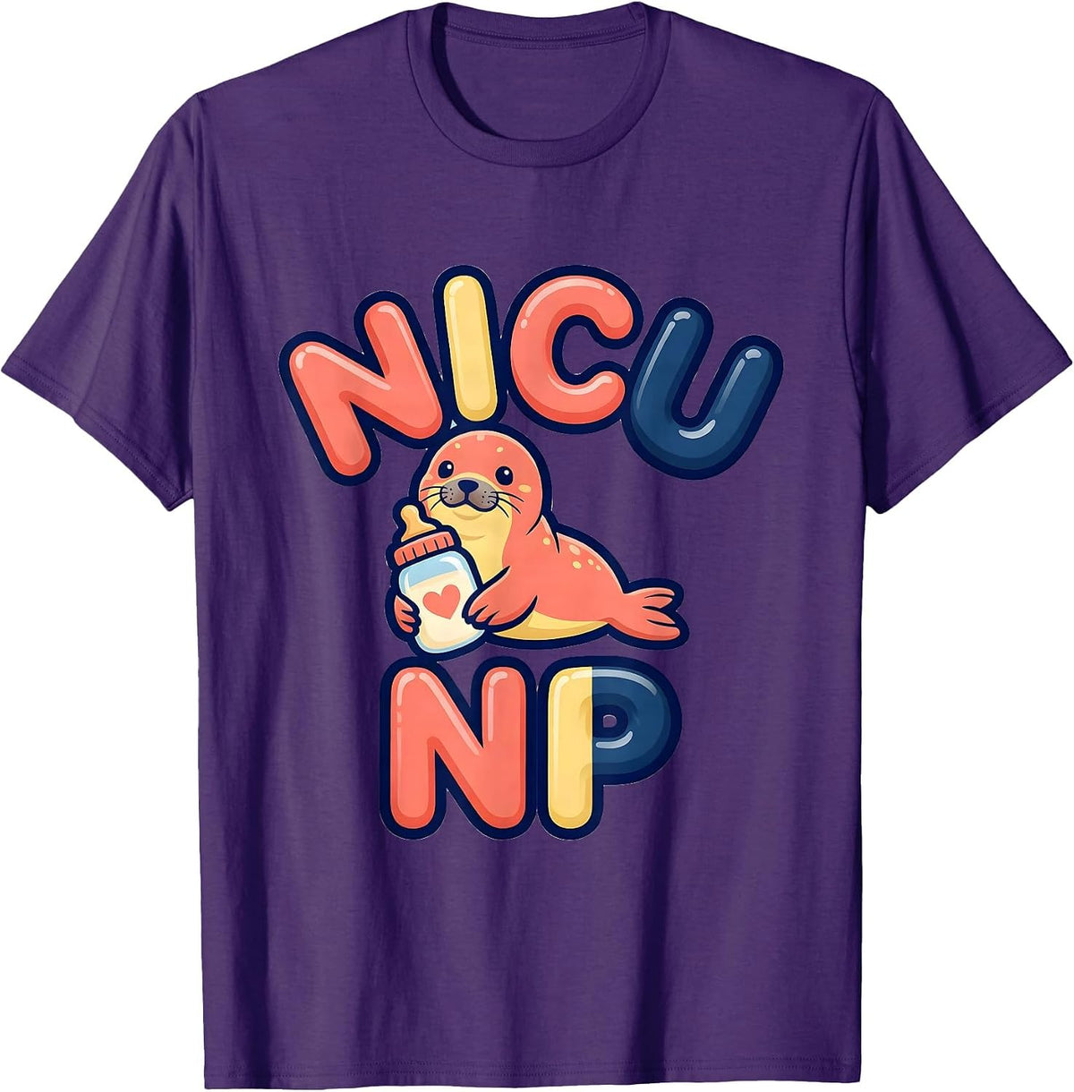 NICU NP Cute Animal Bubble-Letter Pediatric Nurse T-Shirt - Purple