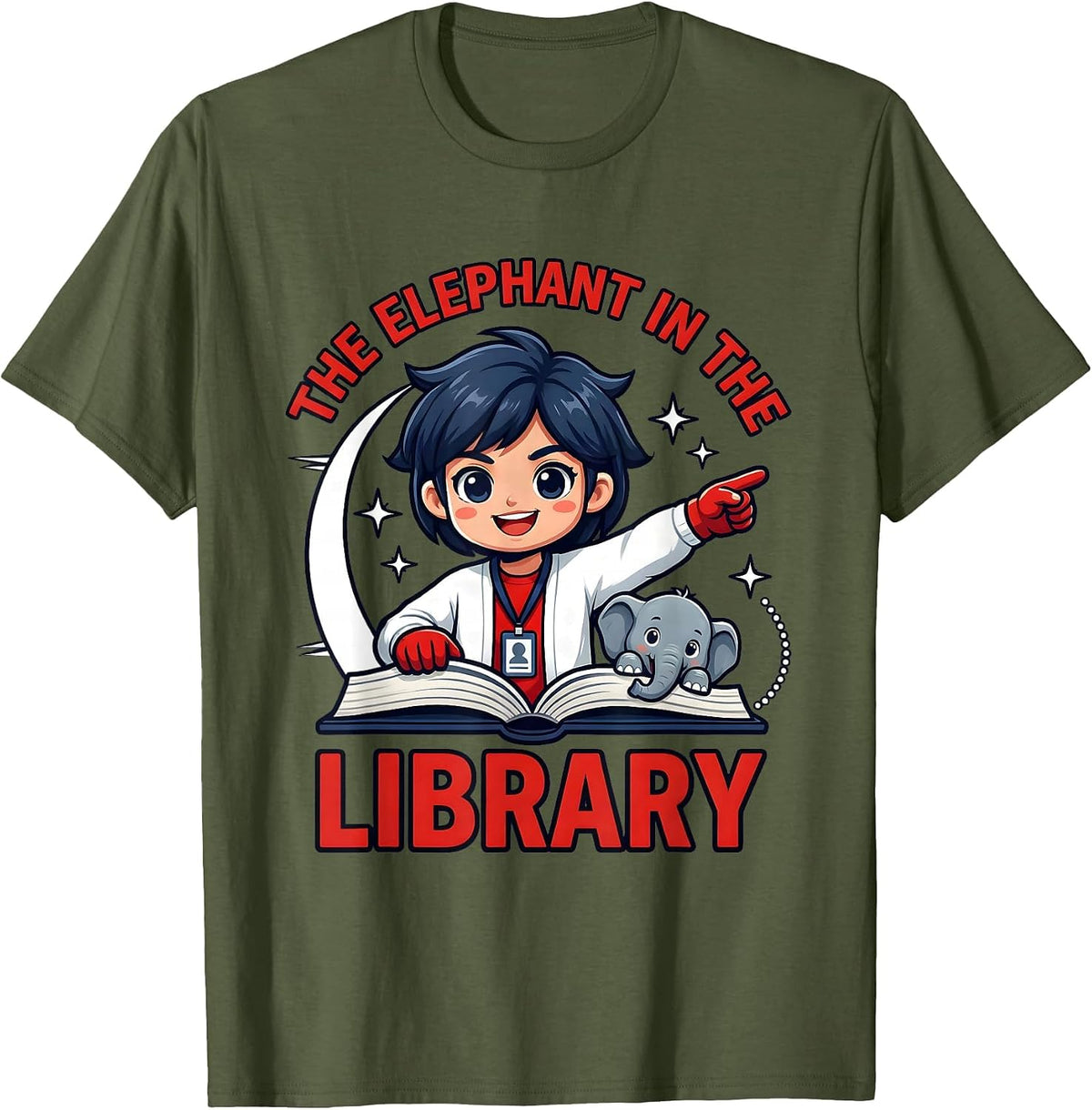 THE ELEPHANT IN THE LIBRARY Funny Teacher School Staff T-Shirt - Olive Green
