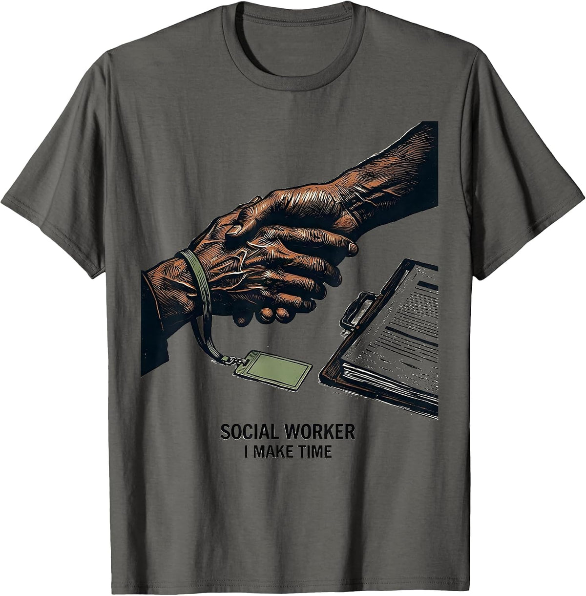 Social Worker I Make Time Linocut Retro Profession Humor T-Shirt - Asphalt Grey