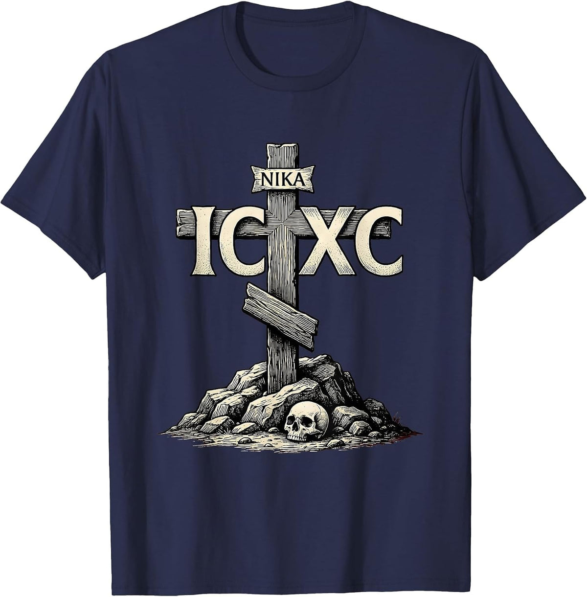 IC XC NIKA Vintage Eastern Orthodox Cross Christogram Skull T-Shirt - Navy Blue