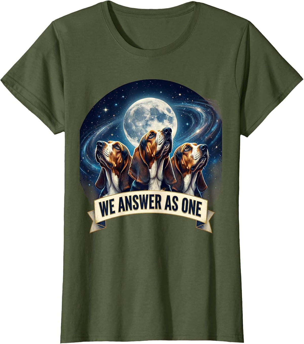 Women's We Answer As One Cosmic Basset Hound Funny Animal Meme T-Shirt - Olive Green