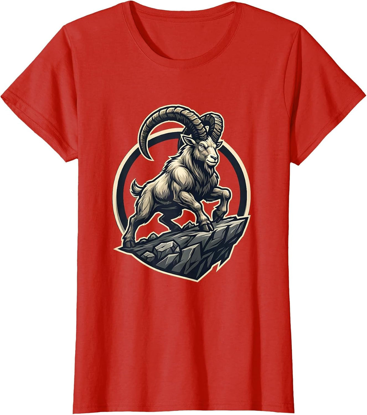 Mountain Goat Sheer Cliff Edge Balance Illustration T-Shirt - Red