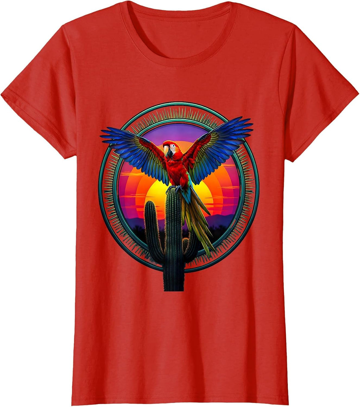 Latina Parrot on Cactus Sunset Illustration T-Shirt - Red