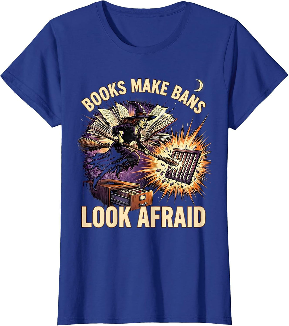 Women's Books Make Bans Look Afraid Comic Book Witch Halloween T-Shirt - Royal Blue