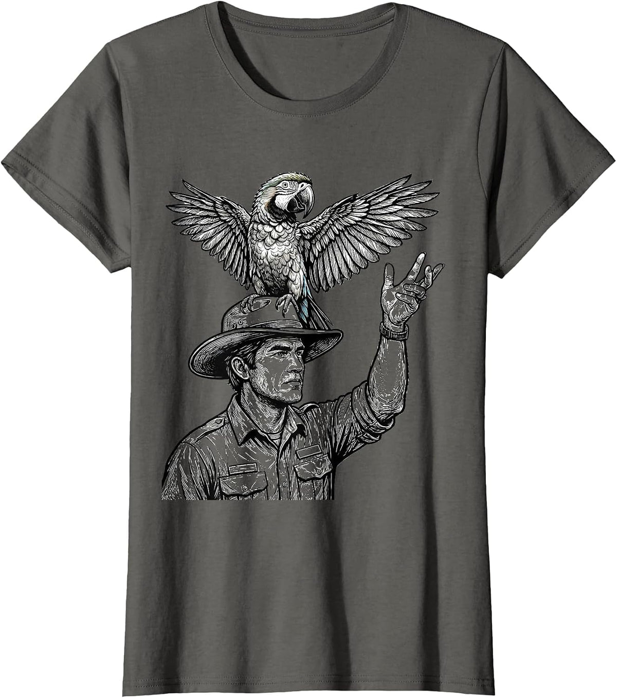 Women's Zoo Keeper Parrot Perch Illustration T-Shirt - Asphalt Grey