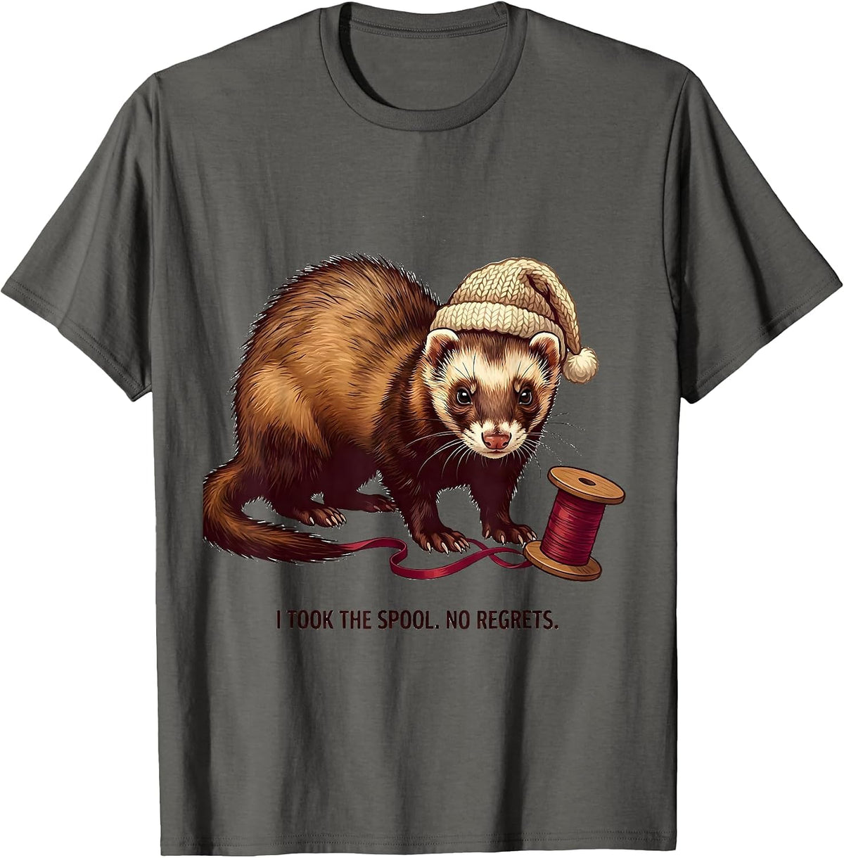 Men's I Took The Spool No Regrets Funny Ferret Lover Christmas T-Shirt - Asphalt Grey