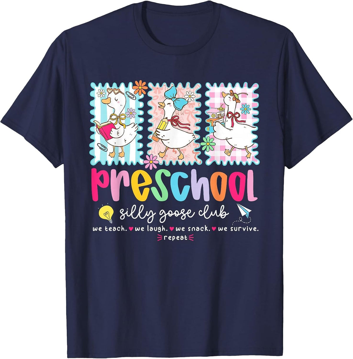 Preschool Goose Silly Teacher Funny Goose Back to School T-Shirt - Navy Blue