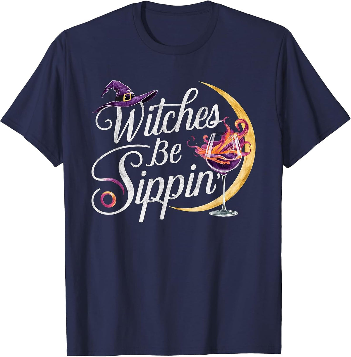 Witches Be Sippin’ Funny Halloween Witch Wine Lover T-Shirt - Navy Blue