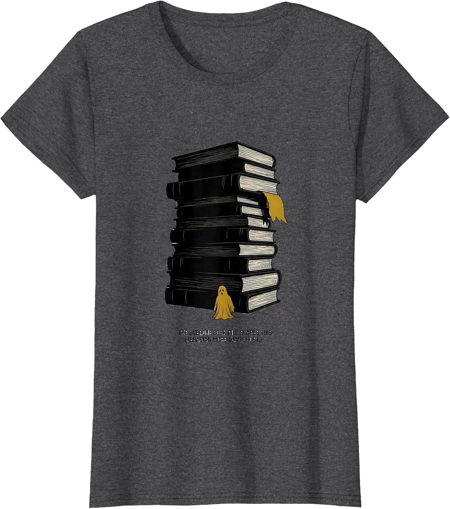 Women's The Overdue Book Pile Scares This Librarian More Than Ghosts T-Shirt - Dark Heather Grey