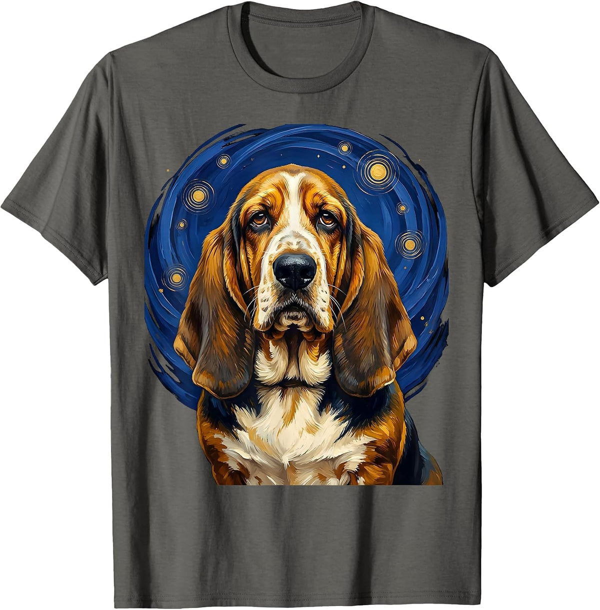 Basset Hound Van Gogh Style Starry Night Portrait T-Shirt - Asphalt Grey