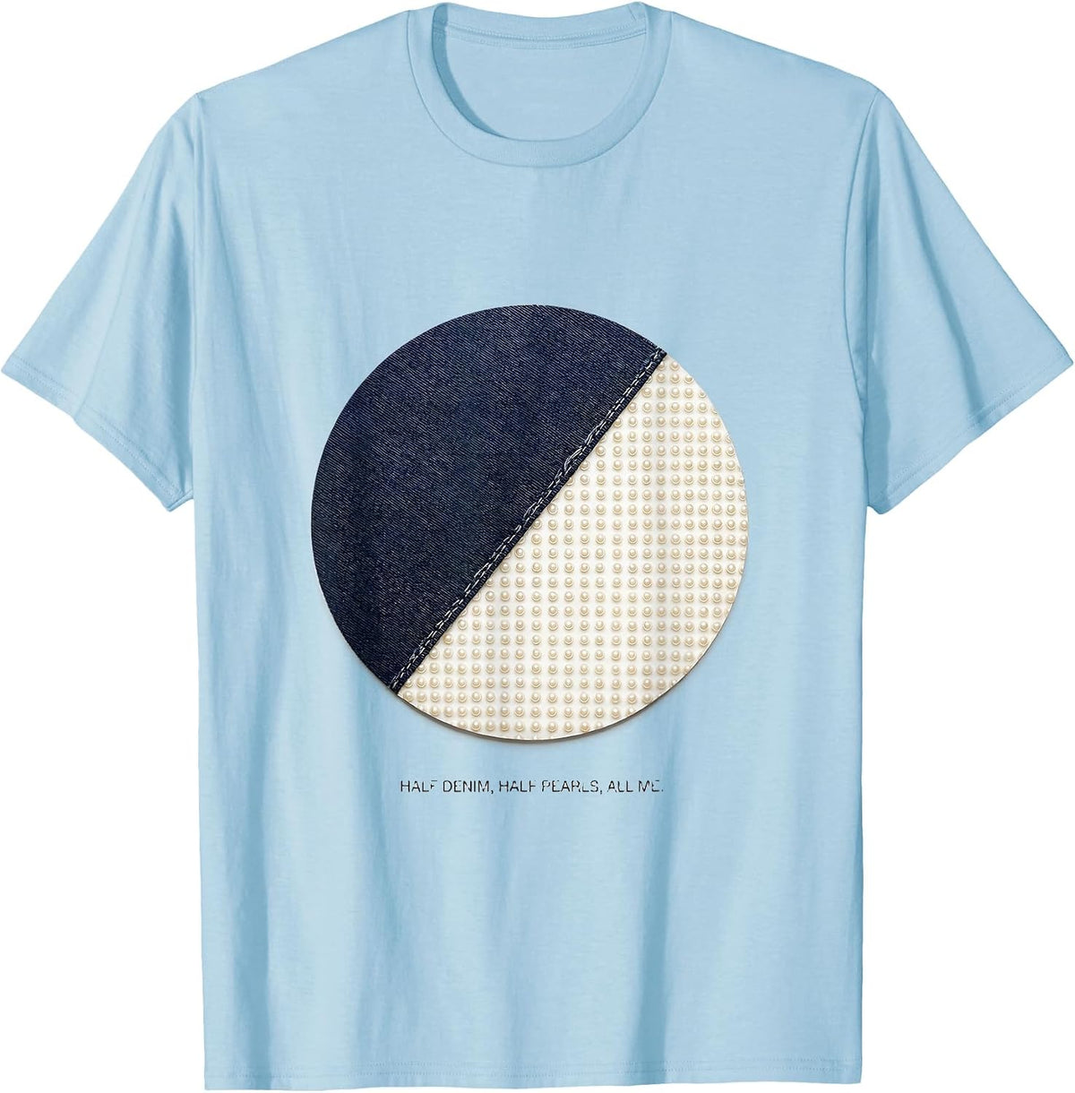 Men's Half Denim Half Pearls All Me Glam Vintage-Like Everyday Top T-Shirt - Baby Blue