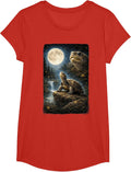 Funny Turtle Art Design Turtle Howling at The Moon T-Shirt - Girls Red