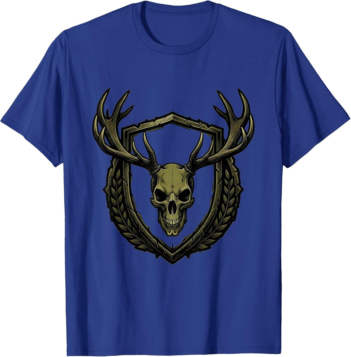 Camo Skull Elk Antlers Hunting Graphic Design T-Shirt - Royal Blue