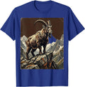 Stubborn Mountain Goat on Rocky Ledge Illustration T-Shirt - Royal Blue