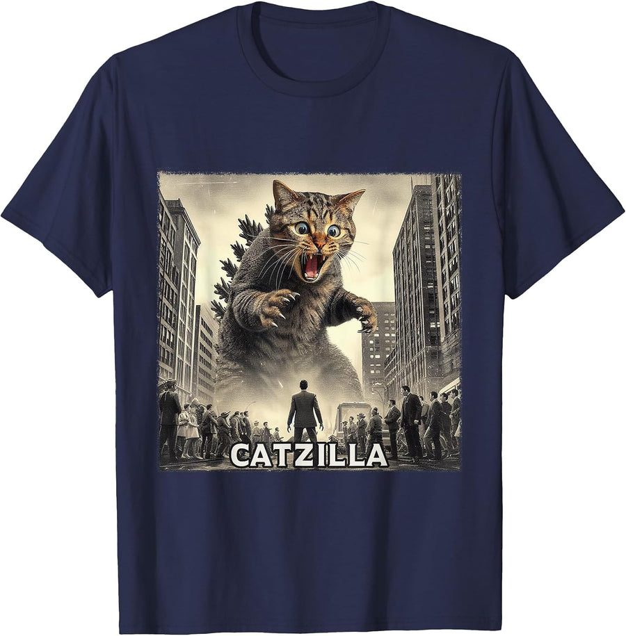 Catzilla Cat Japanese Art Funny T-Shirt - Navy Blue