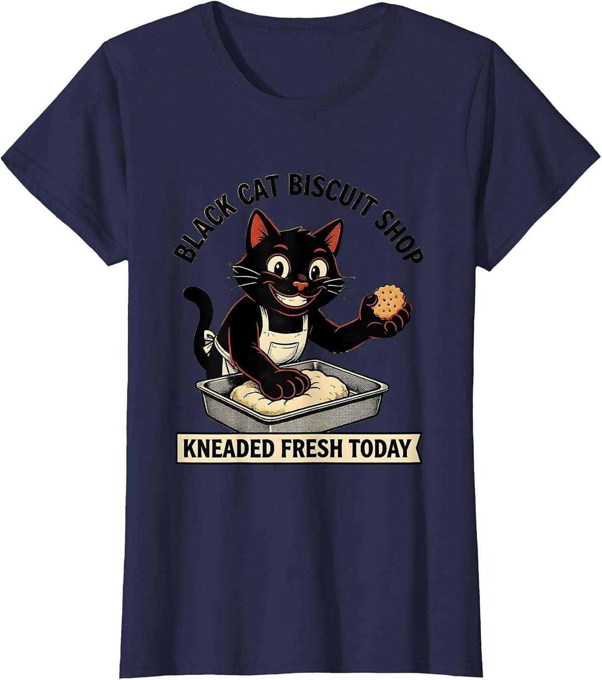 Women's Black Cat Biscuit Shop Kneaded Fresh Today Funny Cat Lover T-Shirt - Navy Blue