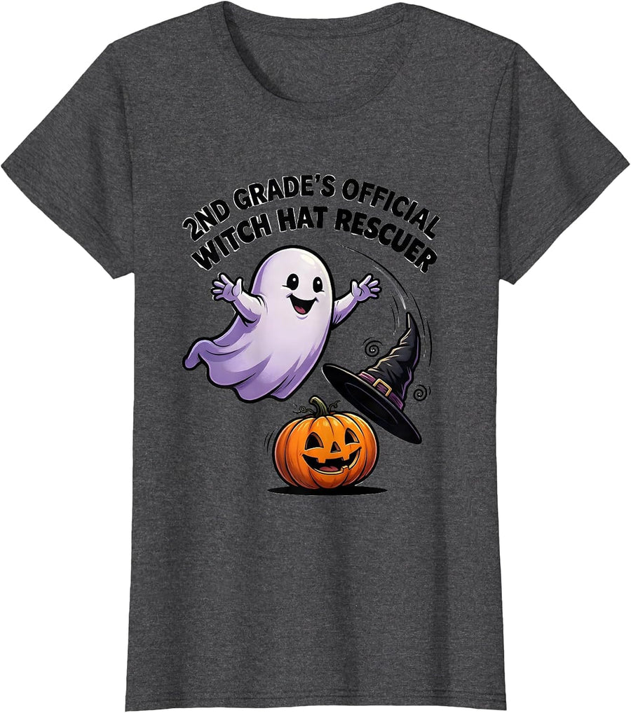 Women's 2nd Grade's Official Witch Hat Rescuer Spooky Second Grade T-Shirt - Dark Heather Grey