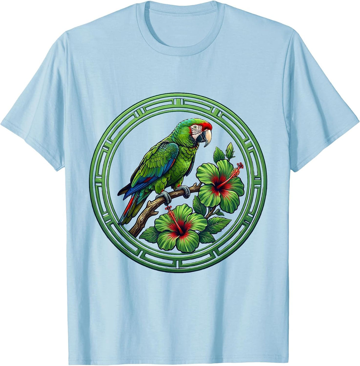 Men's Puerto Rican Parrot on Hibiscus Branch Design T-Shirt - Baby Blue