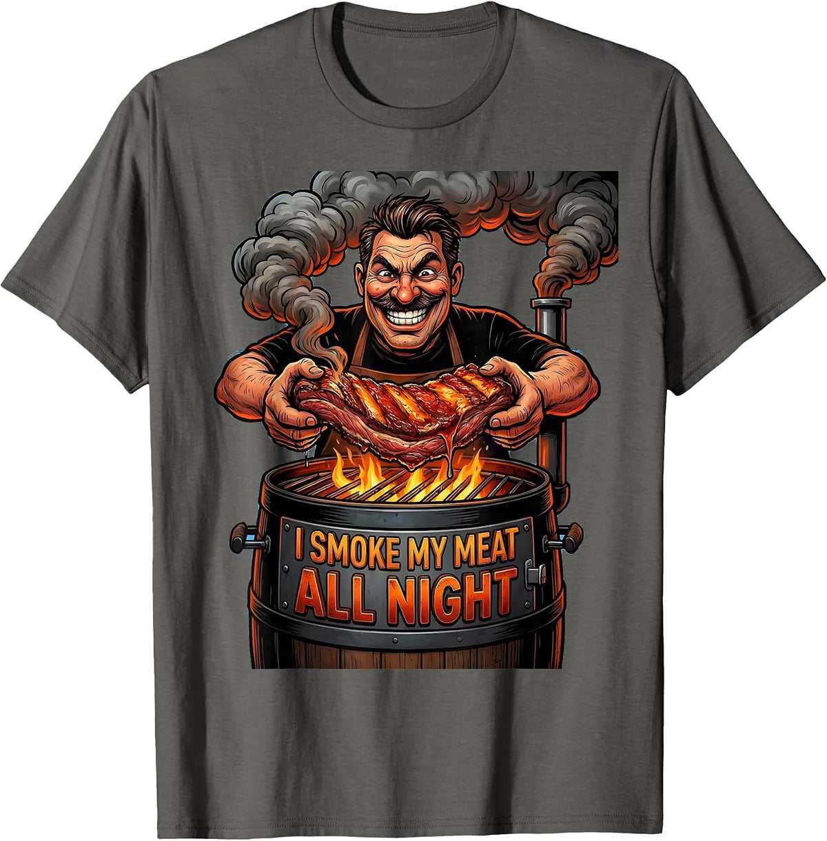 Men's I Smoke My Meat All Night Funny BBQ Pitmaster Dad Gift T-Shirt - Asphalt Grey