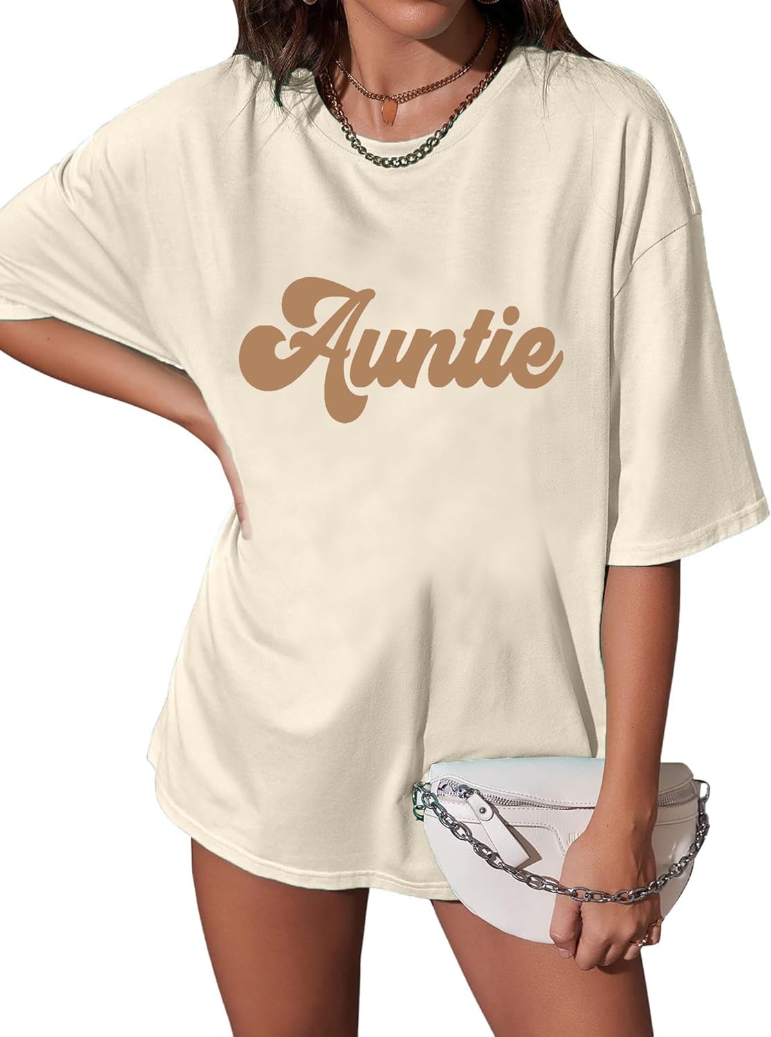 Aunt Shirts Women Cute Auntie Tshirt Loose Oversized Funny Casual Tee Graphic Short Sleeve Aunt Life T Shirt Tops - Beige2