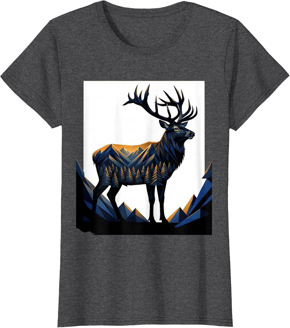 Women's Elk Profile Geometric Mountain Hunting Outdoor Enthusiast T-Shirt - Dark Heather Grey