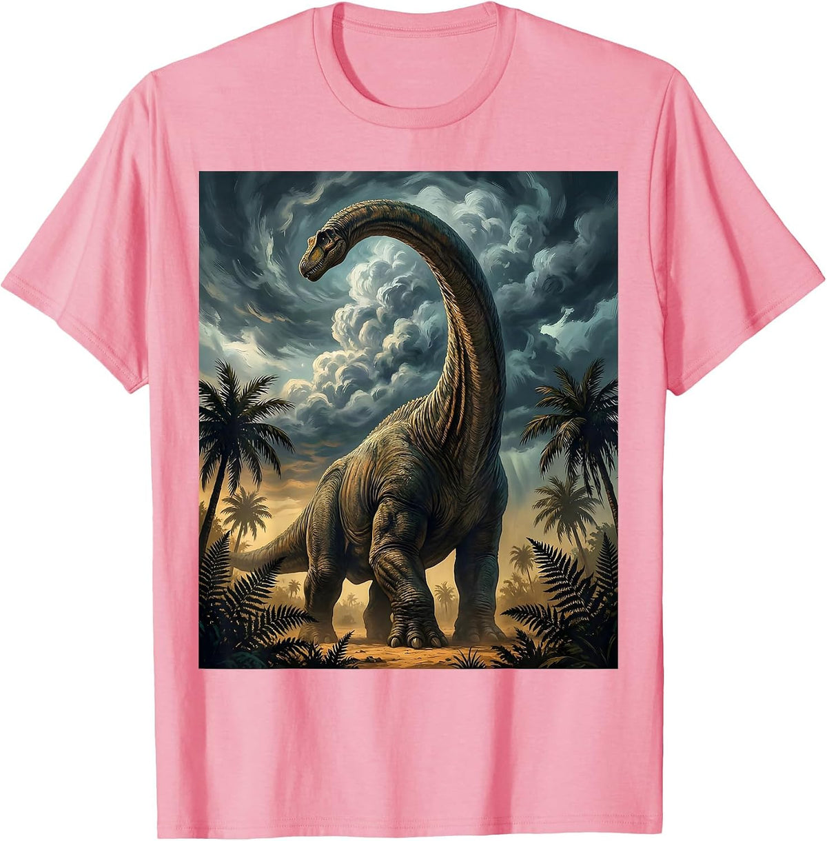 Men's Brachiosaurus Storm Clouds Dinosaur Illustration T-Shirt - Pink