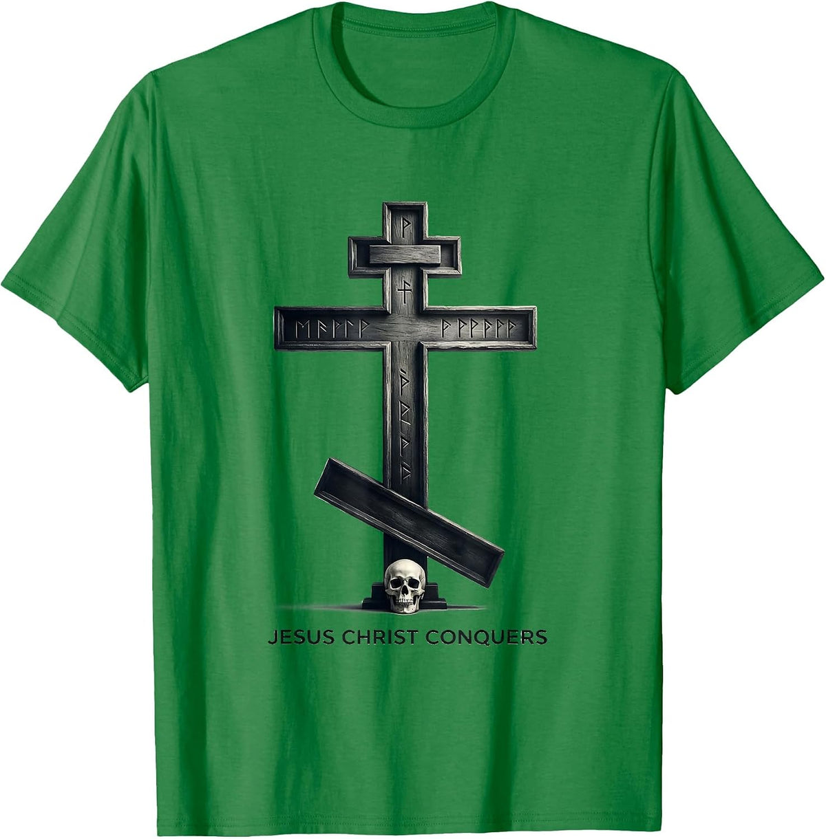 Men's Jesus Christ Conquers Monochromatic Orthodox Cross Russian T-Shirt - Kelly Green
