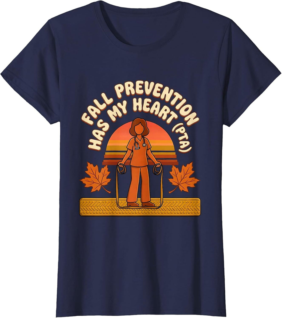 Women's Fall Prevention Has My Heart PTA Retro 70s Physical Therapy T-Shirt - Navy Blue