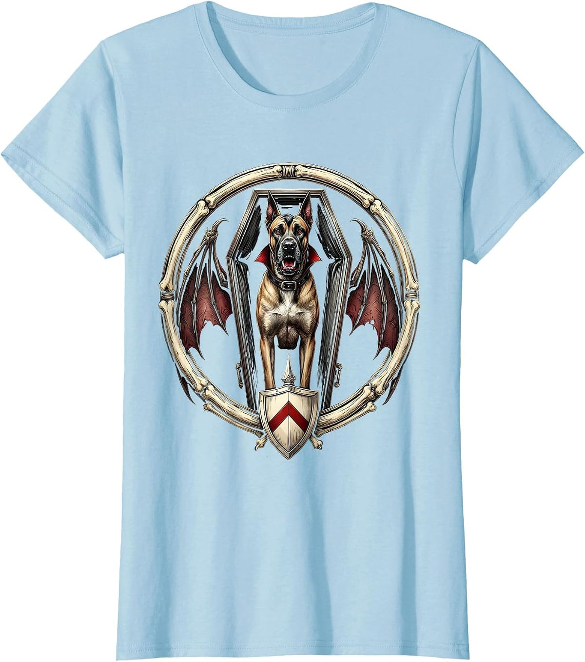 Great Dane Dracula Halloween Dog Coffin Design T-Shirt - Baby Blue