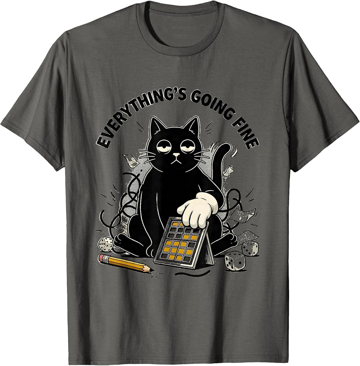 Everything's Going Fine Retro Cartoon Gamer Cat RPG Nerdy T-Shirt - Asphalt Grey