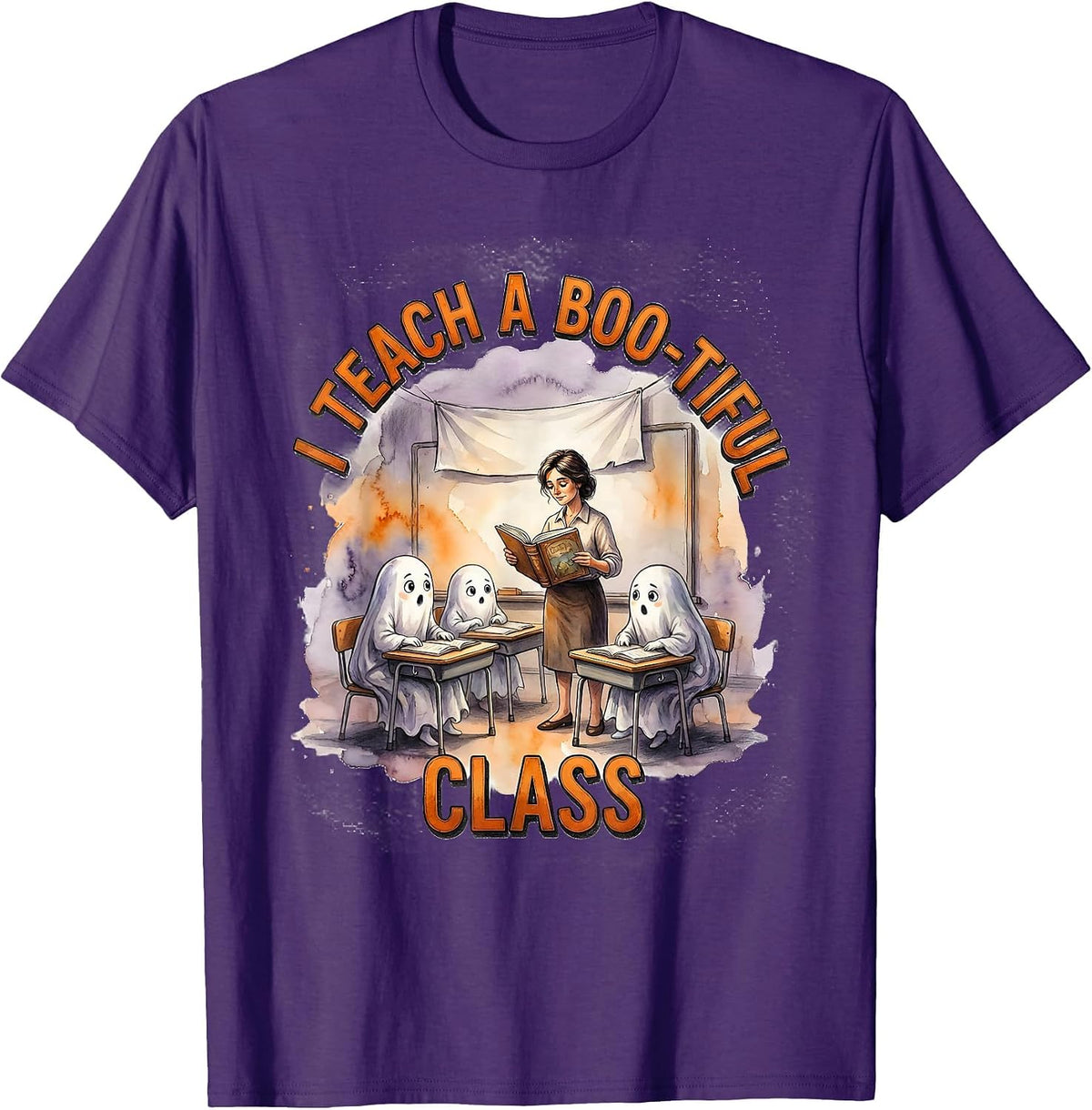 I Teach A Boo-tiful Class Watercolor Teacher Halloween T-Shirt - Purple