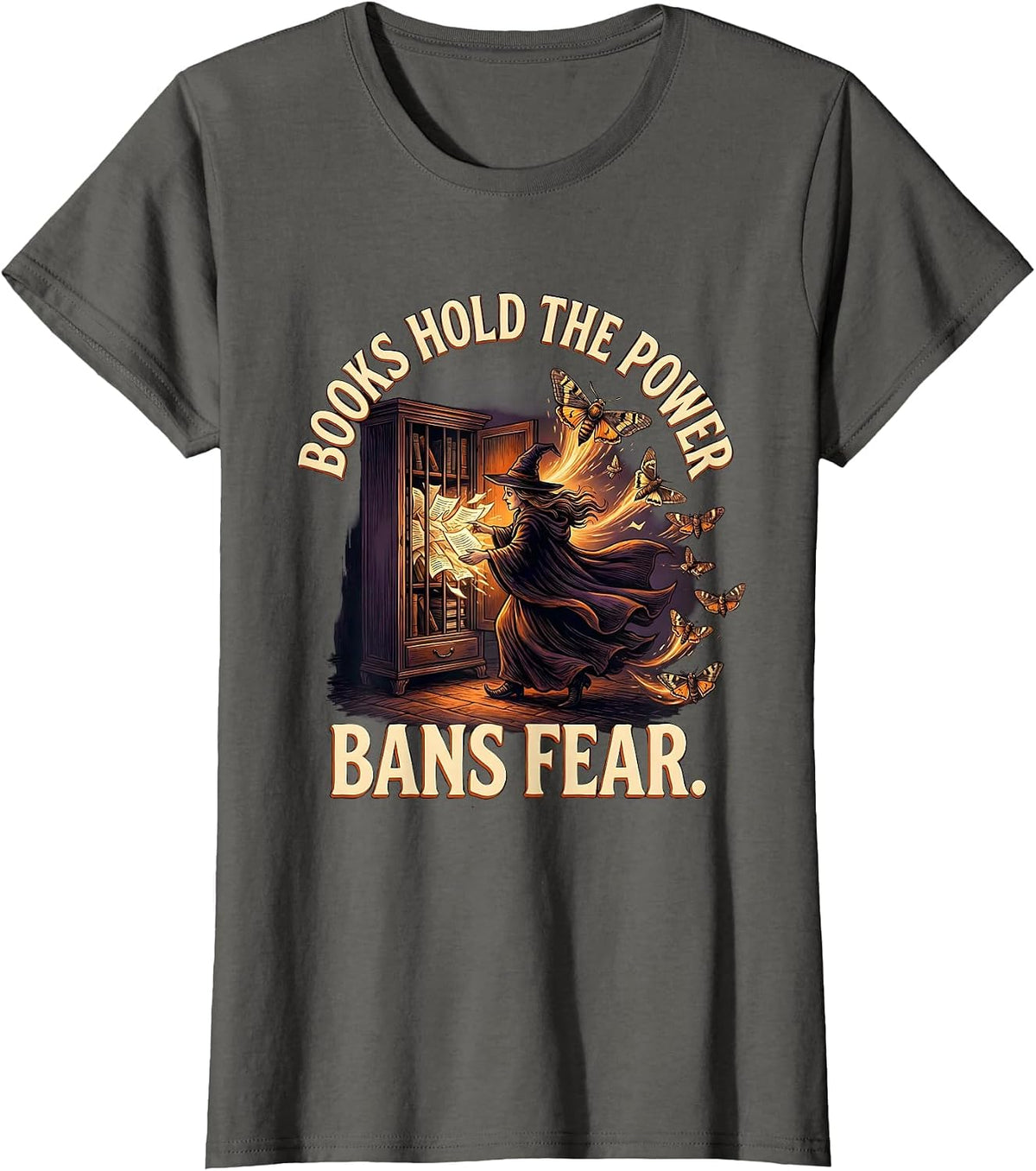 Women's Books Hold The Power Bans Fear Witch Halloween Bookish T-Shirt - Asphalt Grey