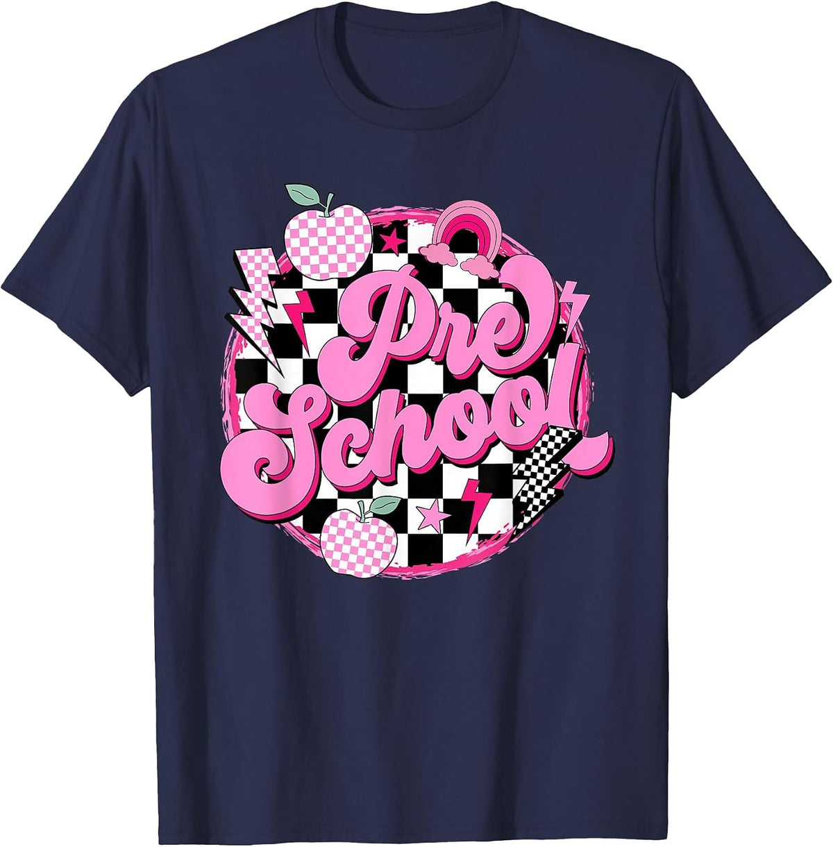 Preschool Teacher Women Retro Checkered First Day of School T-Shirt - Navy Blue