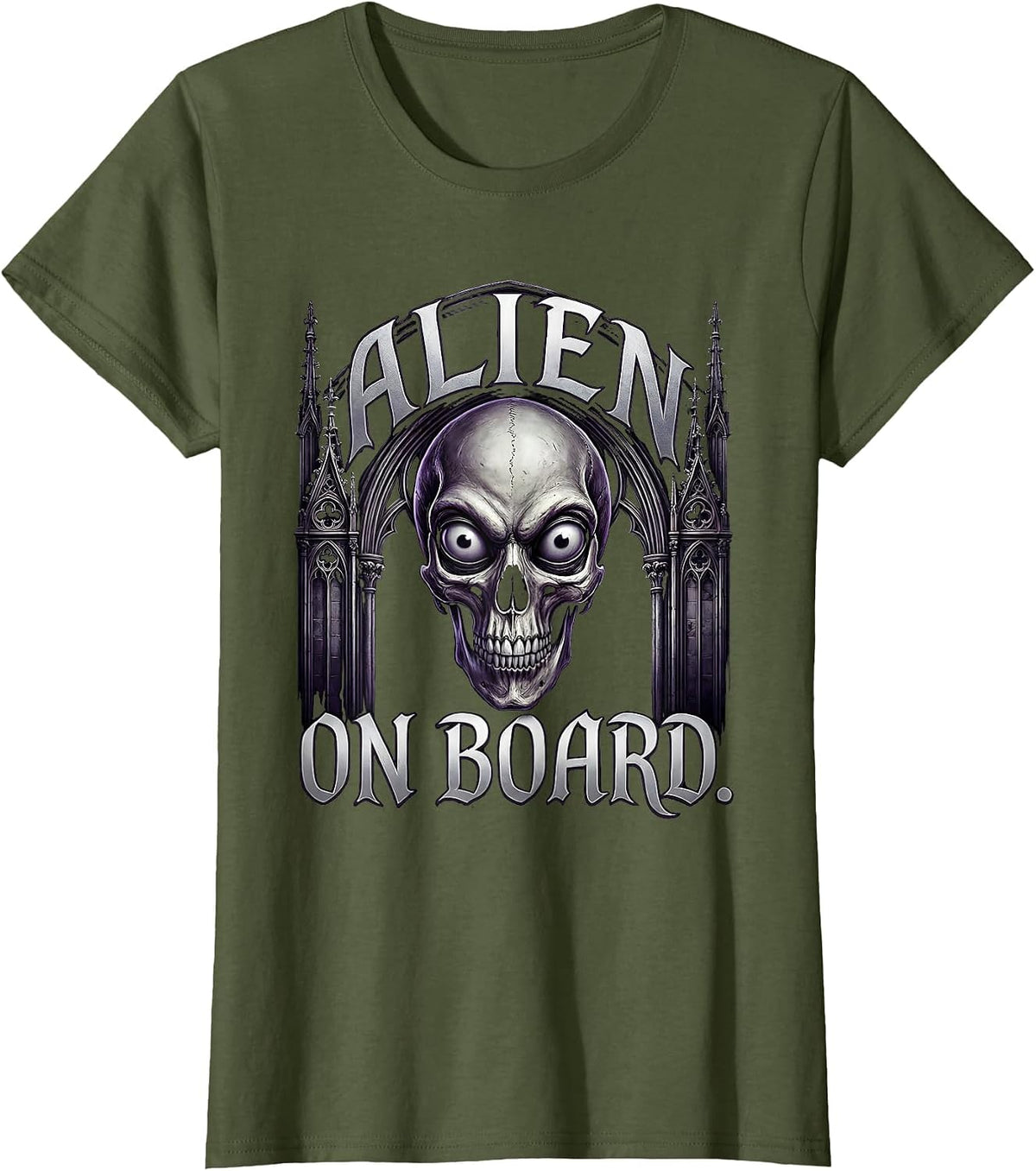 Women's Alien On Board Extraterrestrial Space Design T-Shirt - Olive Green