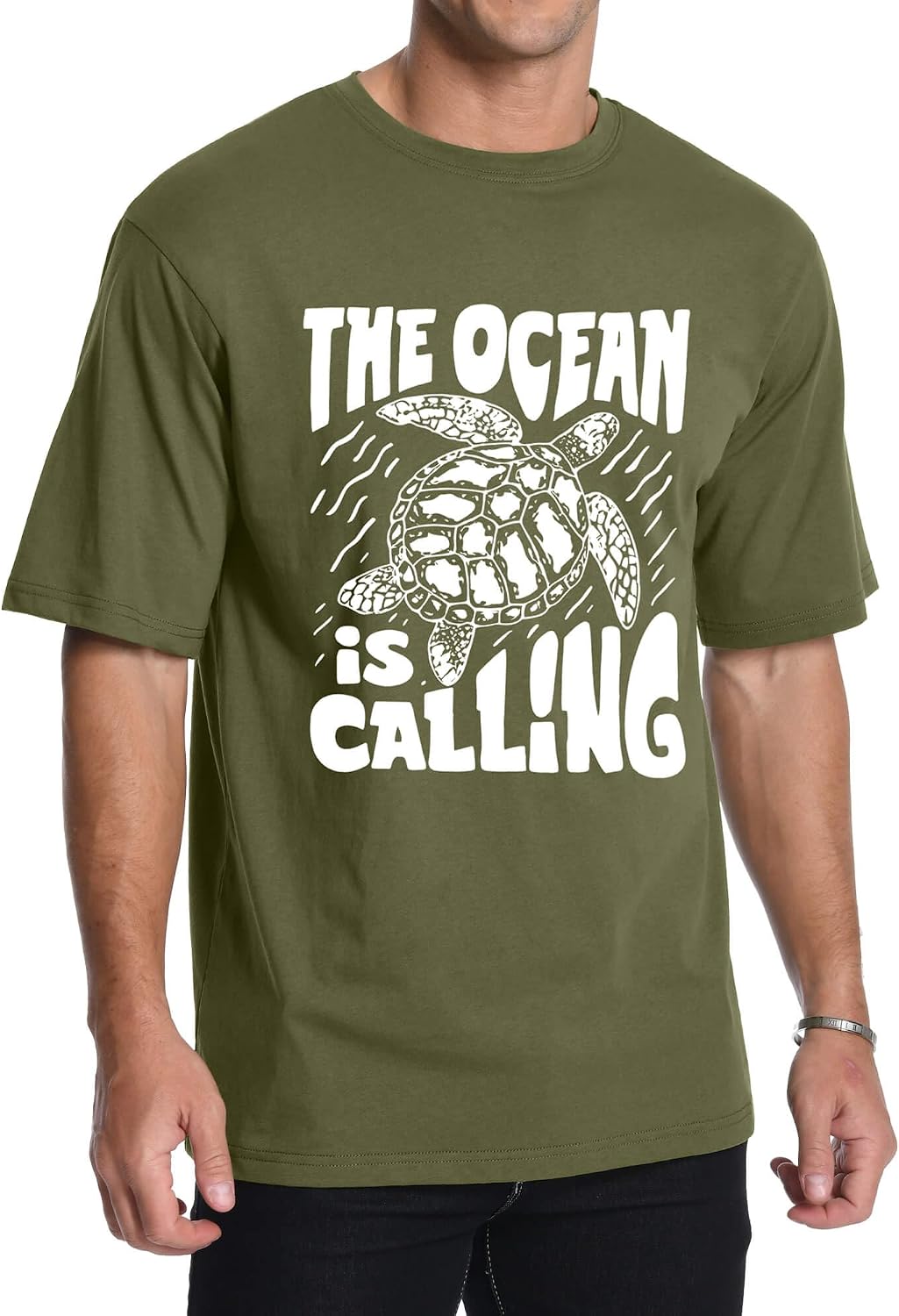 Aiyino Unisex Sea Turtle The Ocean is Calling 100% Cotton Graphic Tee - Armygreen