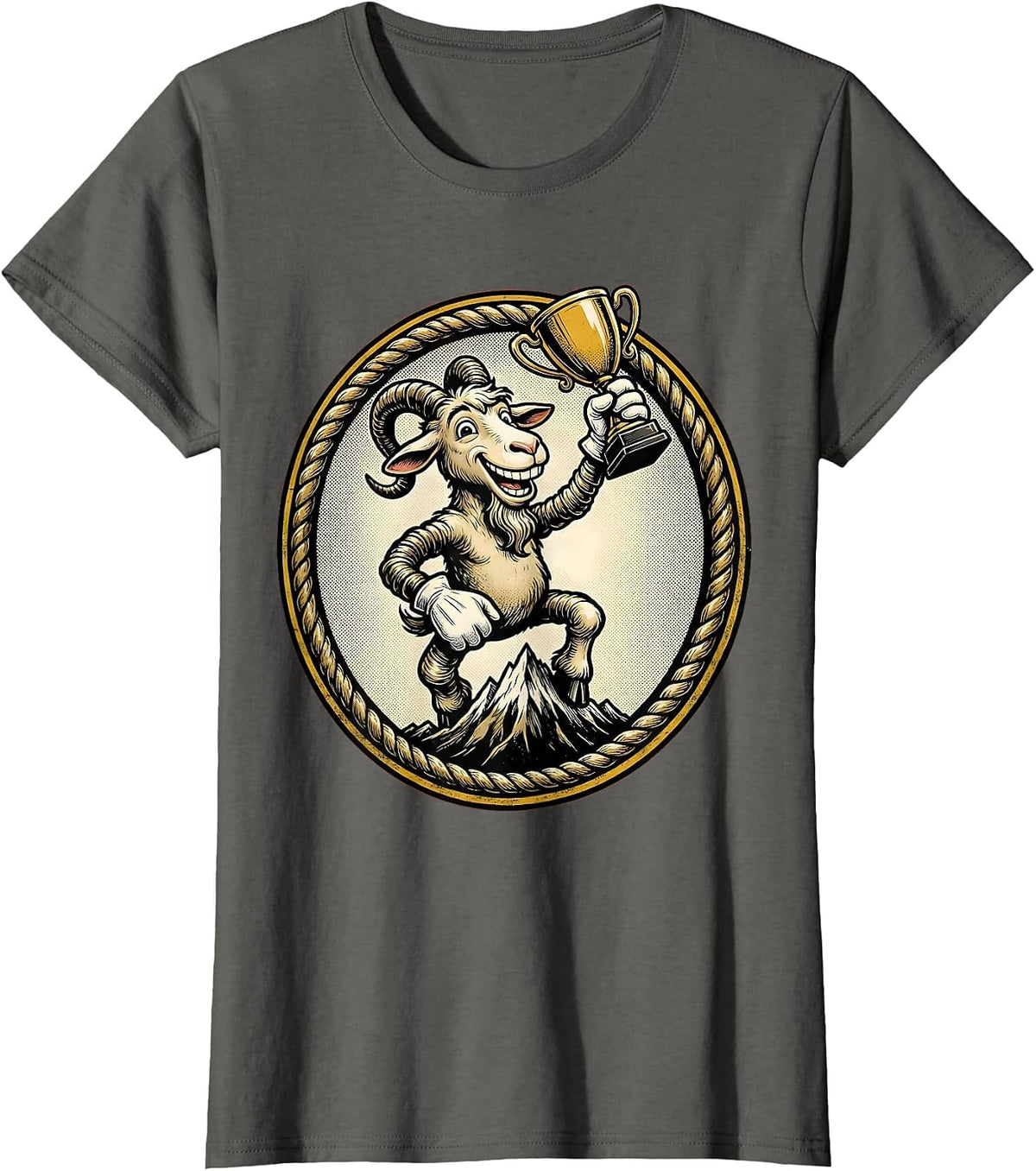 Women's Goat on Mountain Peak Holding Trophy Illustration T-Shirt - Asphalt Grey