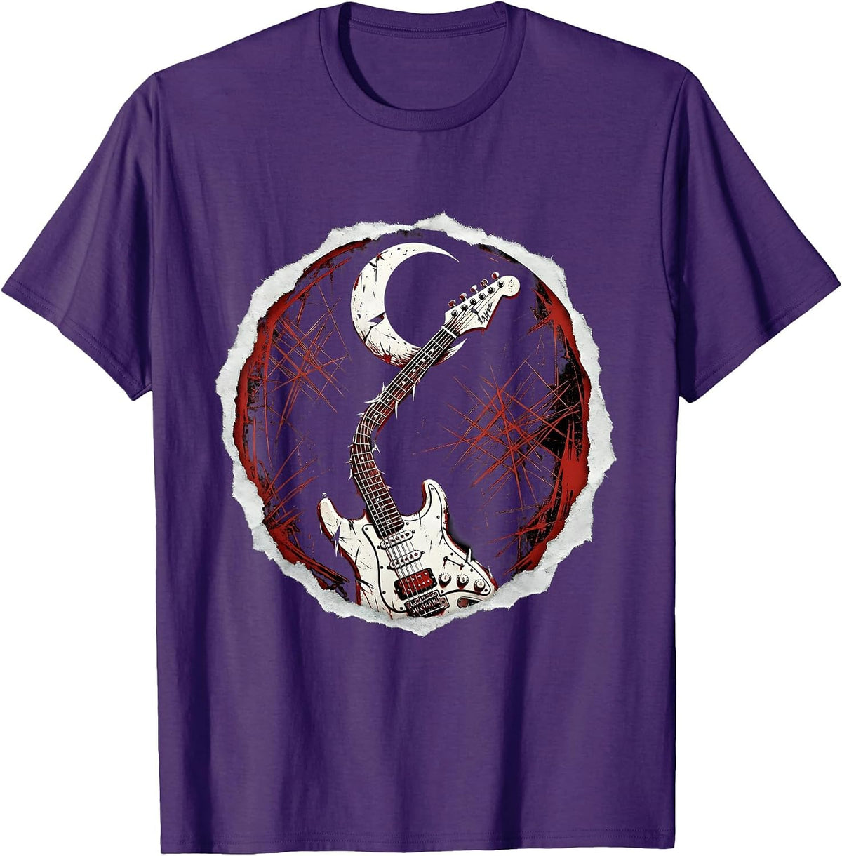 Guitar Neck Crescent Moon Celestial Music Art T-Shirt - Purple