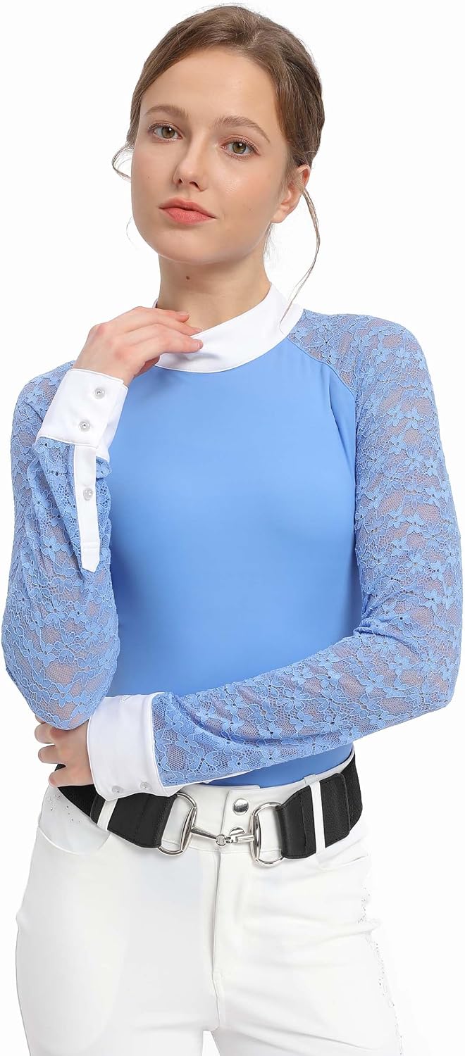 Women's Equestrian Show Shirt, Long Sleeve Riding Top - Sky Blue