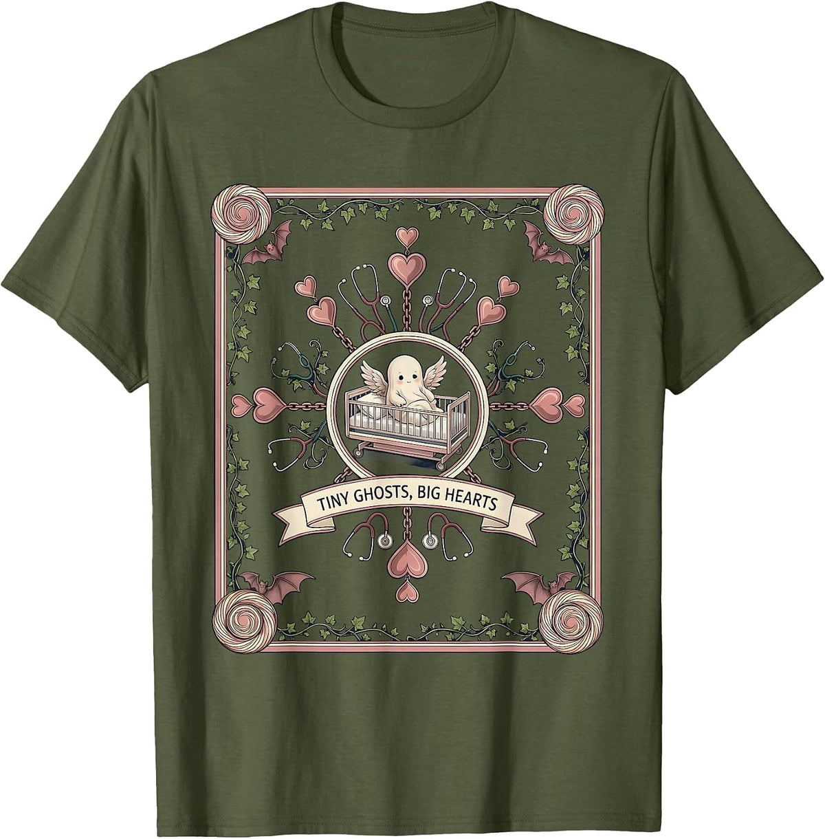 Tiny Ghosts Big Hearts Halloween NICU Nurse Design T-Shirt - Olive Green