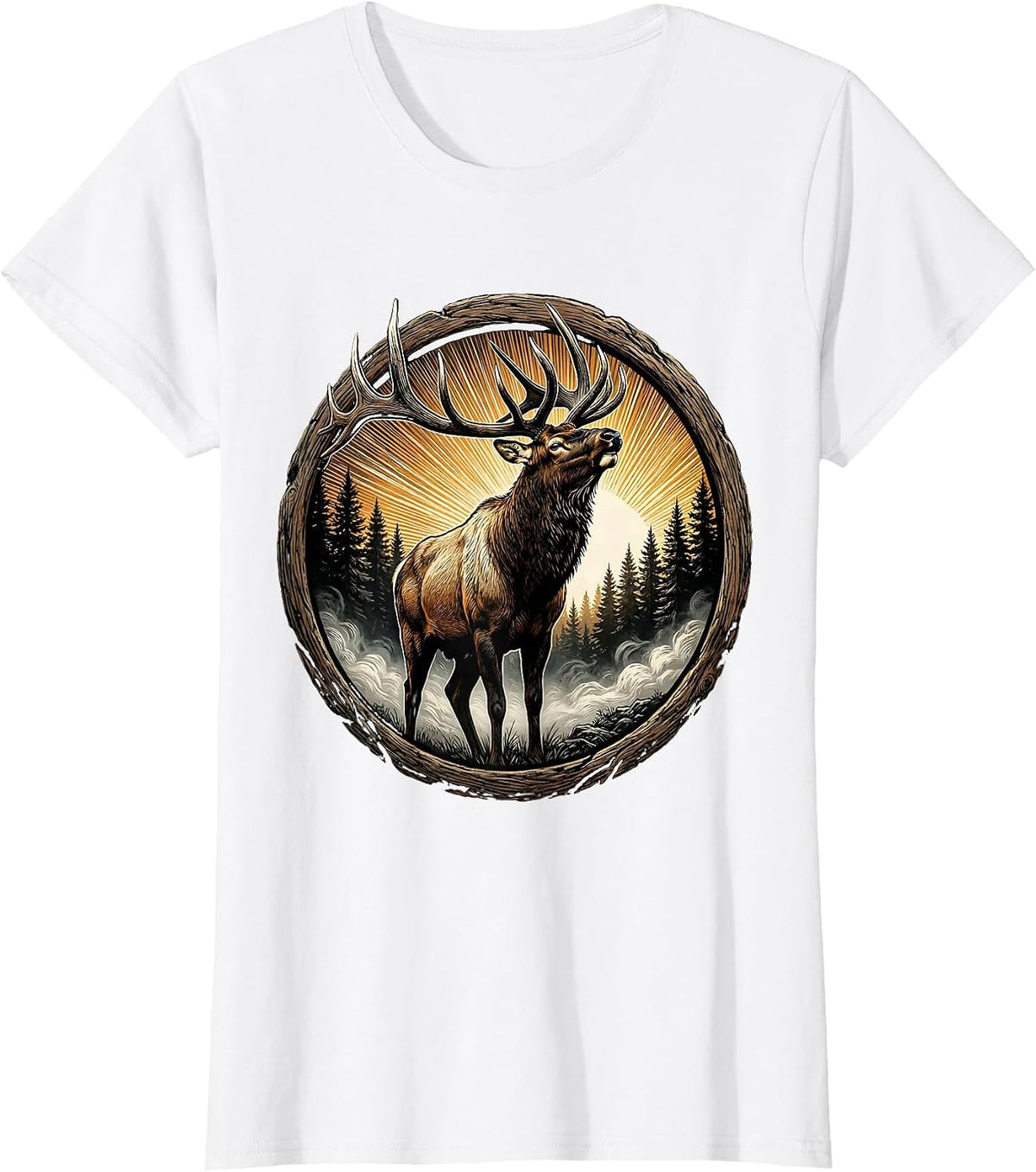 Bull Elk Bugling at Dawn Fog Fall Wildlife Design T-Shirt - White