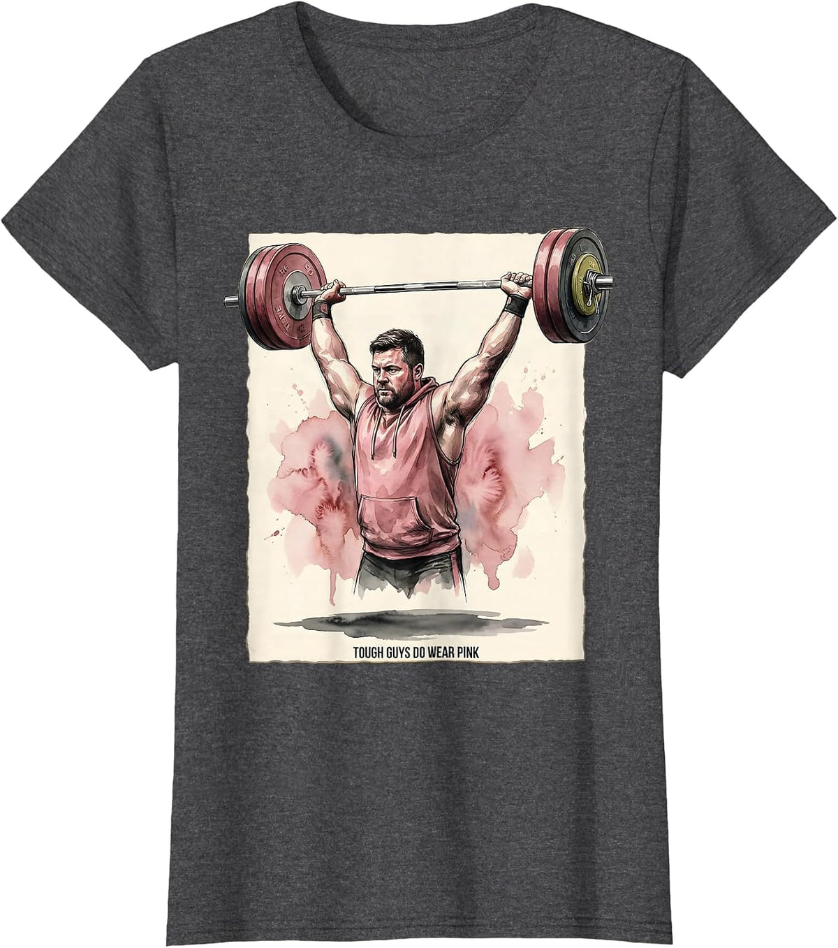 Women's Tough Guys Do Wear Pink Funny Weightlifter Watercolor Cancer T-Shirt - Dark Heather Grey