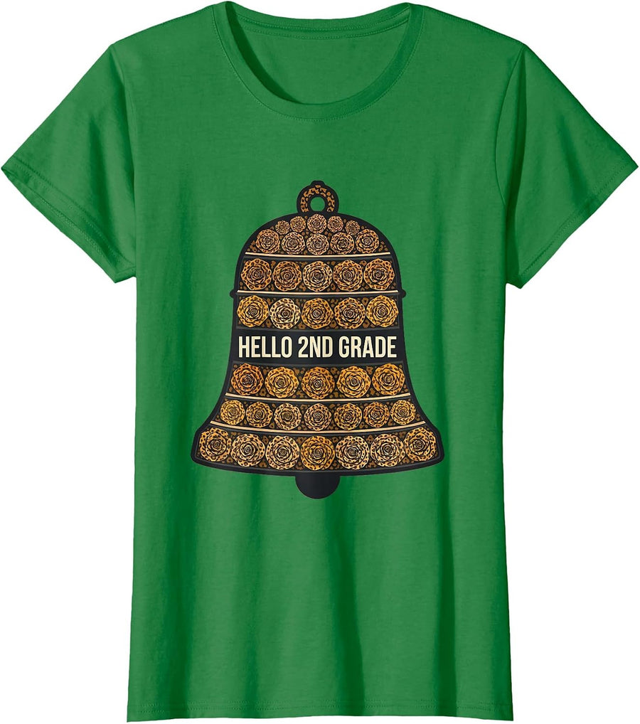 Women's Hello 2nd Grade Leopard Print Teacher Student Back To School T-Shirt - Kelly Green