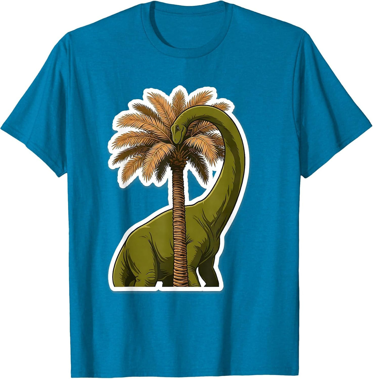 Diplodocus Dinosaur Eating From Tall Palm Tree T-Shirt - Sapphire Blue