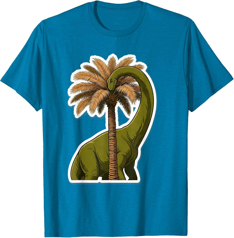 Diplodocus Dinosaur Eating From Tall Palm Tree T-Shirt - Sapphire Blue