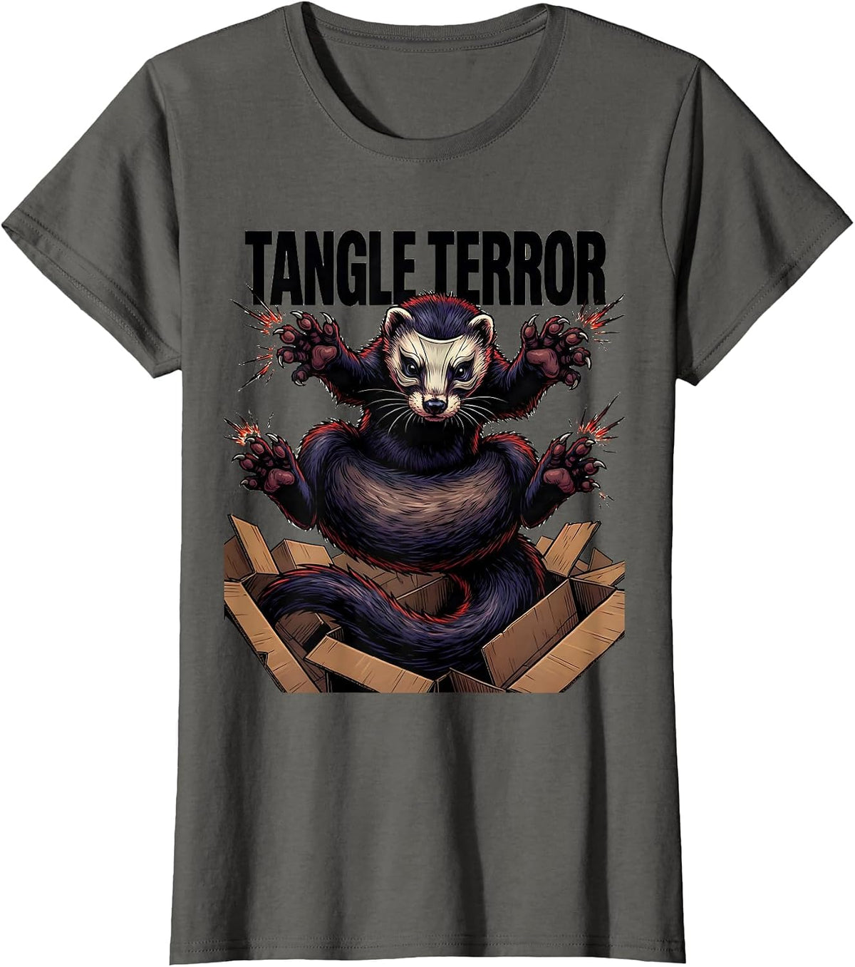 Women's Tangle Terror Cartoon Ferret Lover Gift Ferret Owner Humor T-Shirt - Asphalt Grey