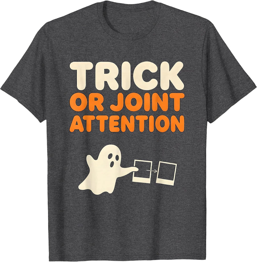 Men's Trick Or Joint Attention Funny SLP Ghost Speech Therapy T-Shirt - Dark Heather Grey