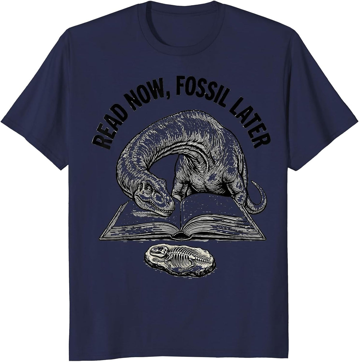 Read Now, Fossil Later Funny Dinosaur Teacher Librarian T-Shirt - Navy Blue
