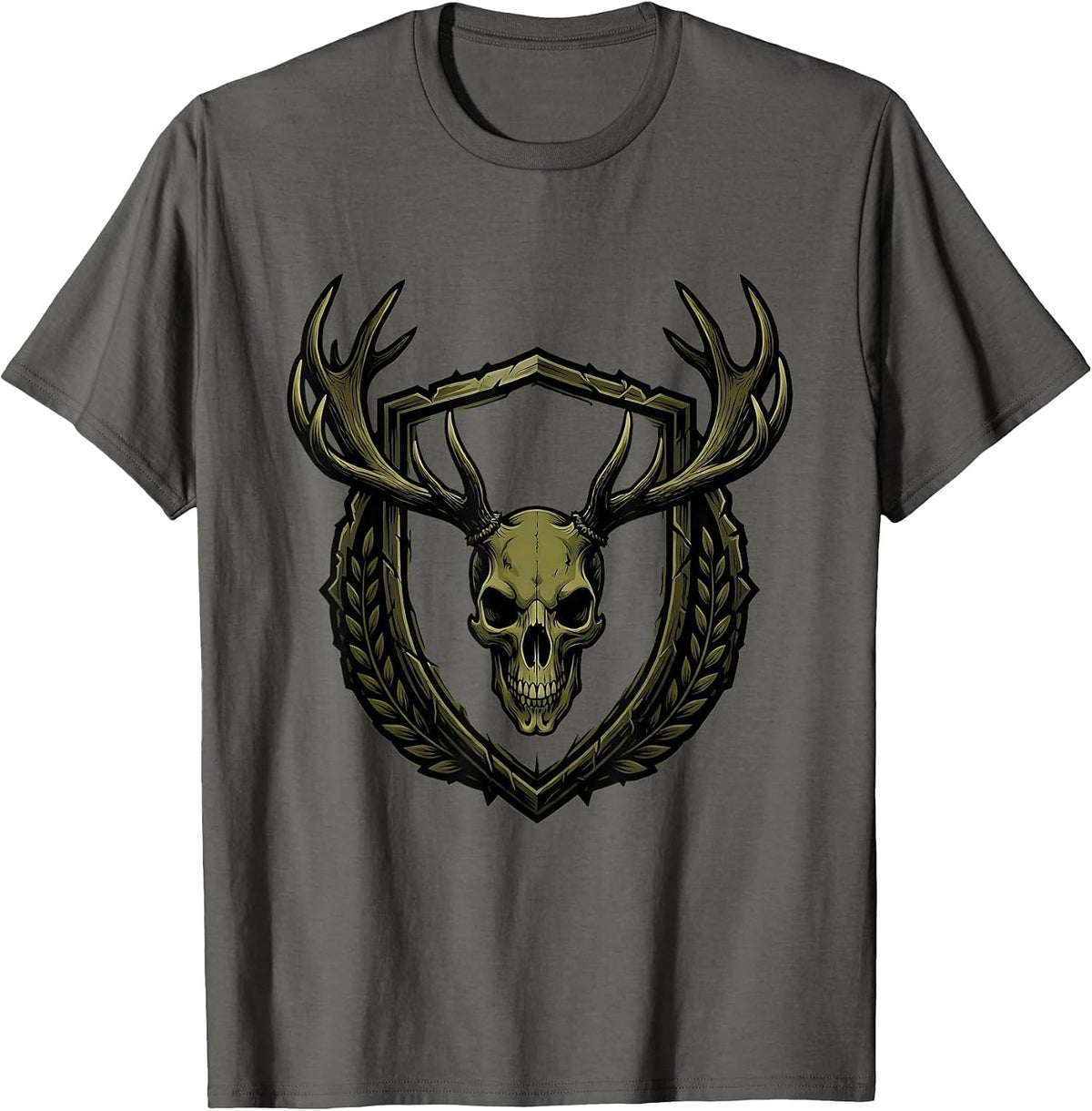 Camo Skull Elk Antlers Hunting Graphic Design T-Shirt - Asphalt Grey